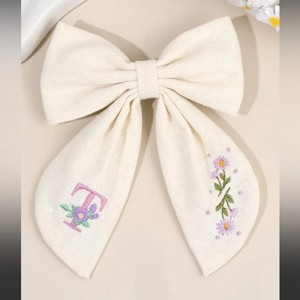 Cream Embroidered Floral Kids Hair Bow A1601
